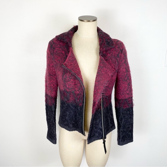Save The Queen Zip Up Cardigan Size S Moto Alpaca Blend Burgundy Black - Picture 12 of 15
